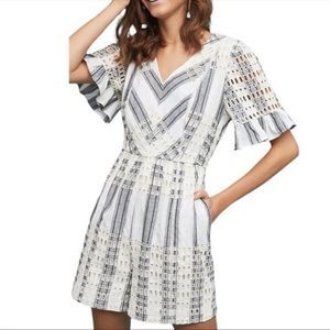 ANTHROPOLOGIE | Ett:Twa Eyelet Striped Short Ruffle Sleeve Romper SZ 6 MSRP $128